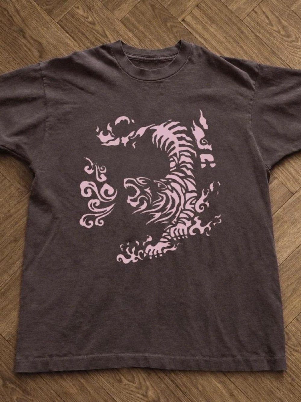 Gildan Brown Short Sleeve Tee with Pink Tiger Graphic